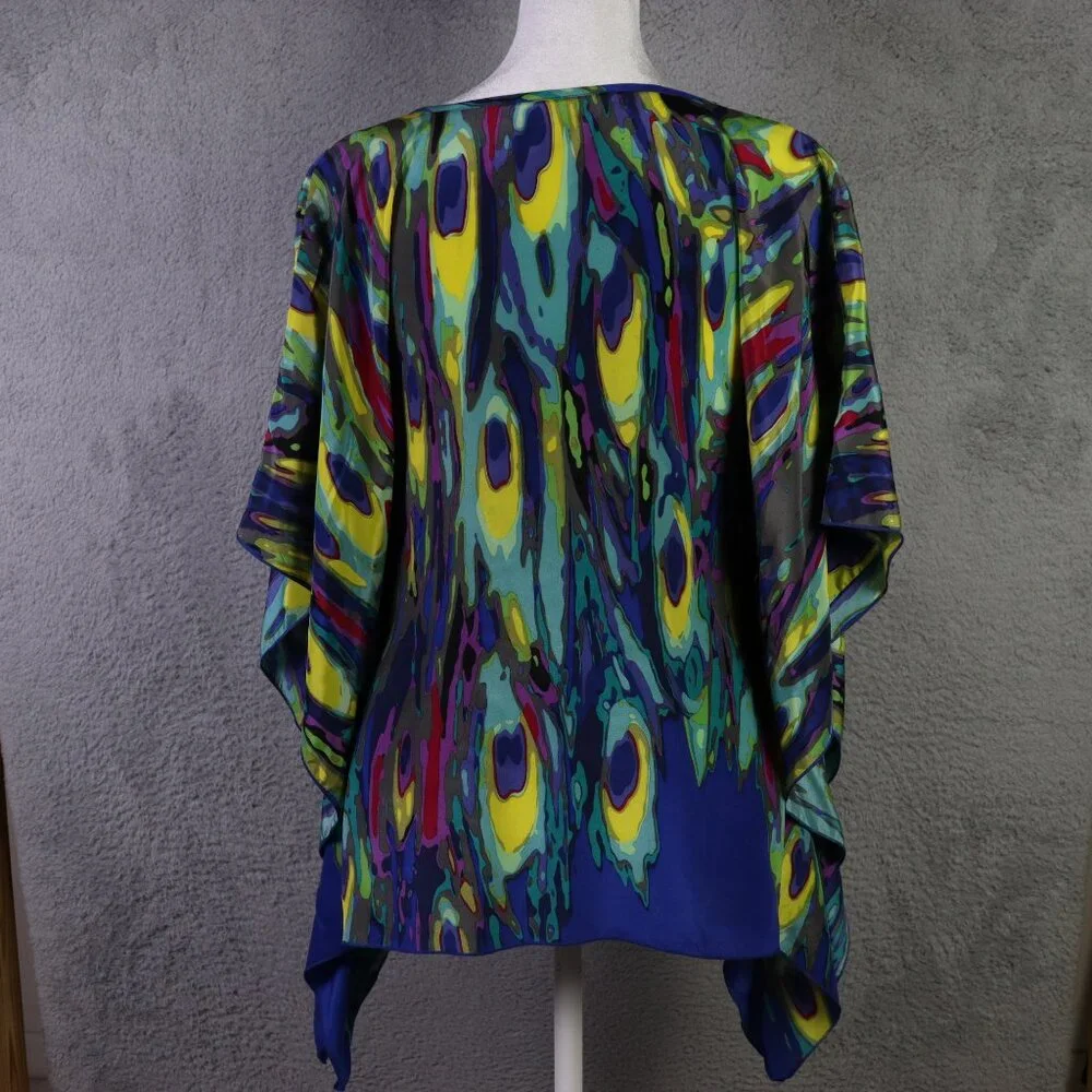 Trina Turk Top Womens P Blue Multicolor V Neck Abstract 100% Silk Blouse - Picture 2 of 10